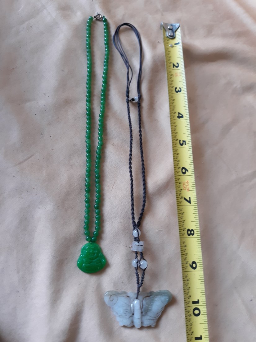 vintage jade necklaces lof of 2 Buddha & butterfly: beautiful green jade Buddha and white jade butterfly necklace both for one bid see pics