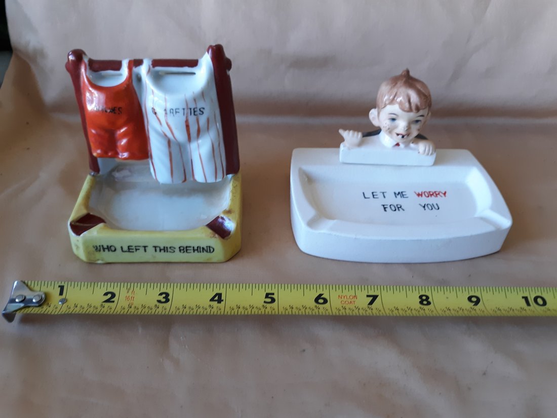 mid century porcelain comical whimsical ashtray 2: both ashtrays for one bid no chips or repairs noted see pics