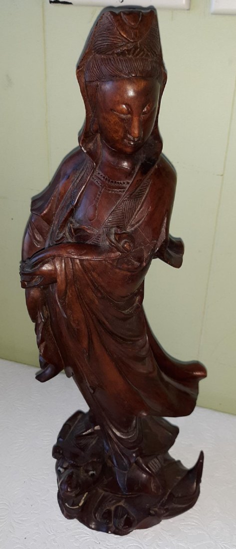 Antique Rosewood Carved Kwan Yin Quan W/ Dragon statue: beautiful statue unusual dragon on base looks like glass eyes? missing a few teeth but very nice. 1 wood chip noted on hand 16" tall see pics