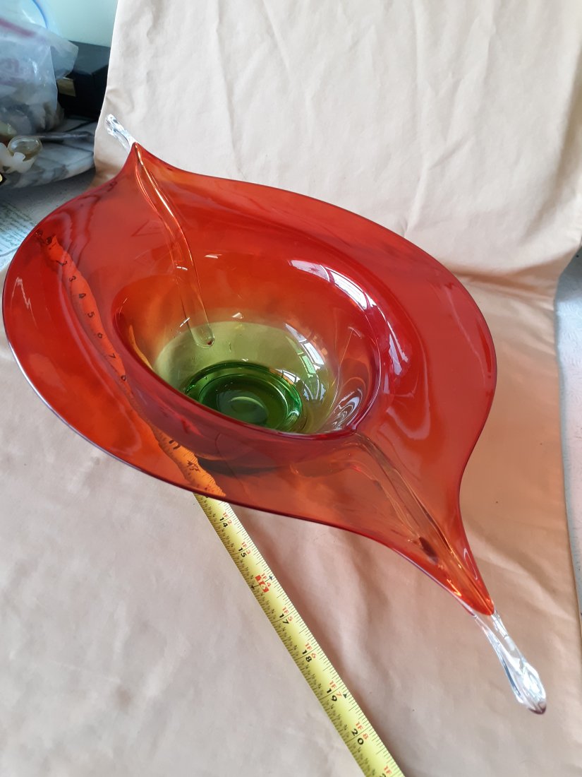 mid century art glass flavio poli for murano!: gorgeous vintage flavio polio design for murano 1950's era cased glass 5" tall 22" long 12" wide monumental size and no damage noted see pics