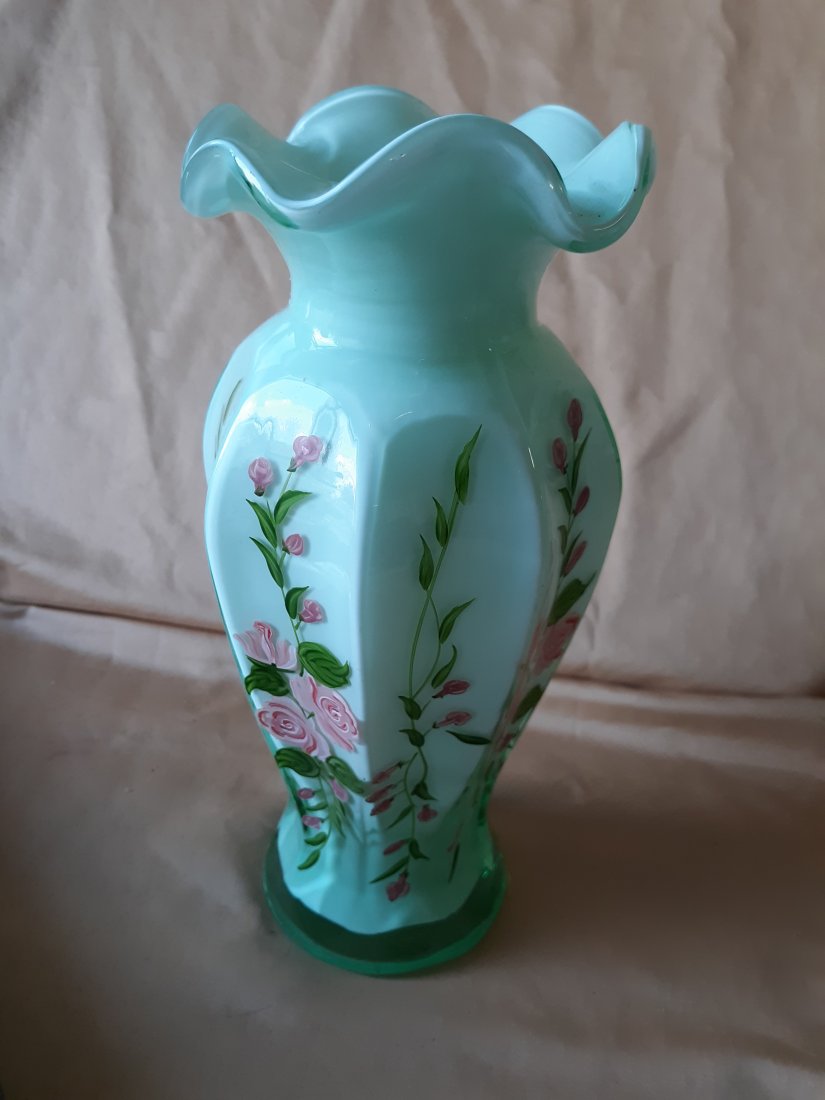 gorgeous green Fenton cased glass vase hand painted (1 of 4)