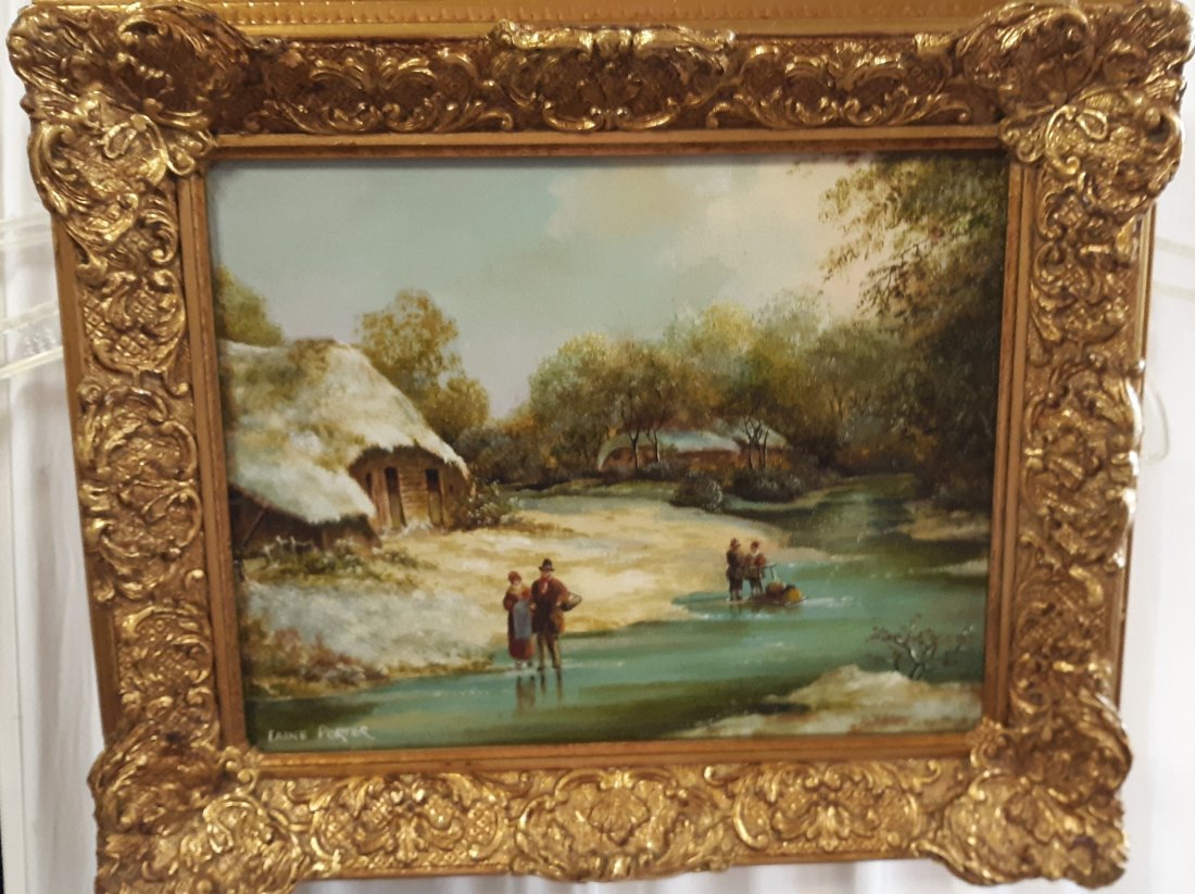 Laine Porter artist Oil on Canvas Painting Framed: Laine Porter artist Oil on Canvas Painting Framed Laine Porter artist oil on canvas painting framed nicely! conditon of painting vg preowned conditon, conditon of frame vg, look to be a winter scene w