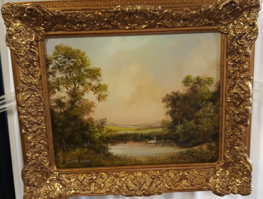 Laine Porter artist Oil on Canvas Painting Framed: Laine Porter artist oil on canvas painting framed nicely! condition of painting vg pre owned condition, condition of frame vg, look to be a rural scene with swan and babies in pond see pics 13" x 11" 