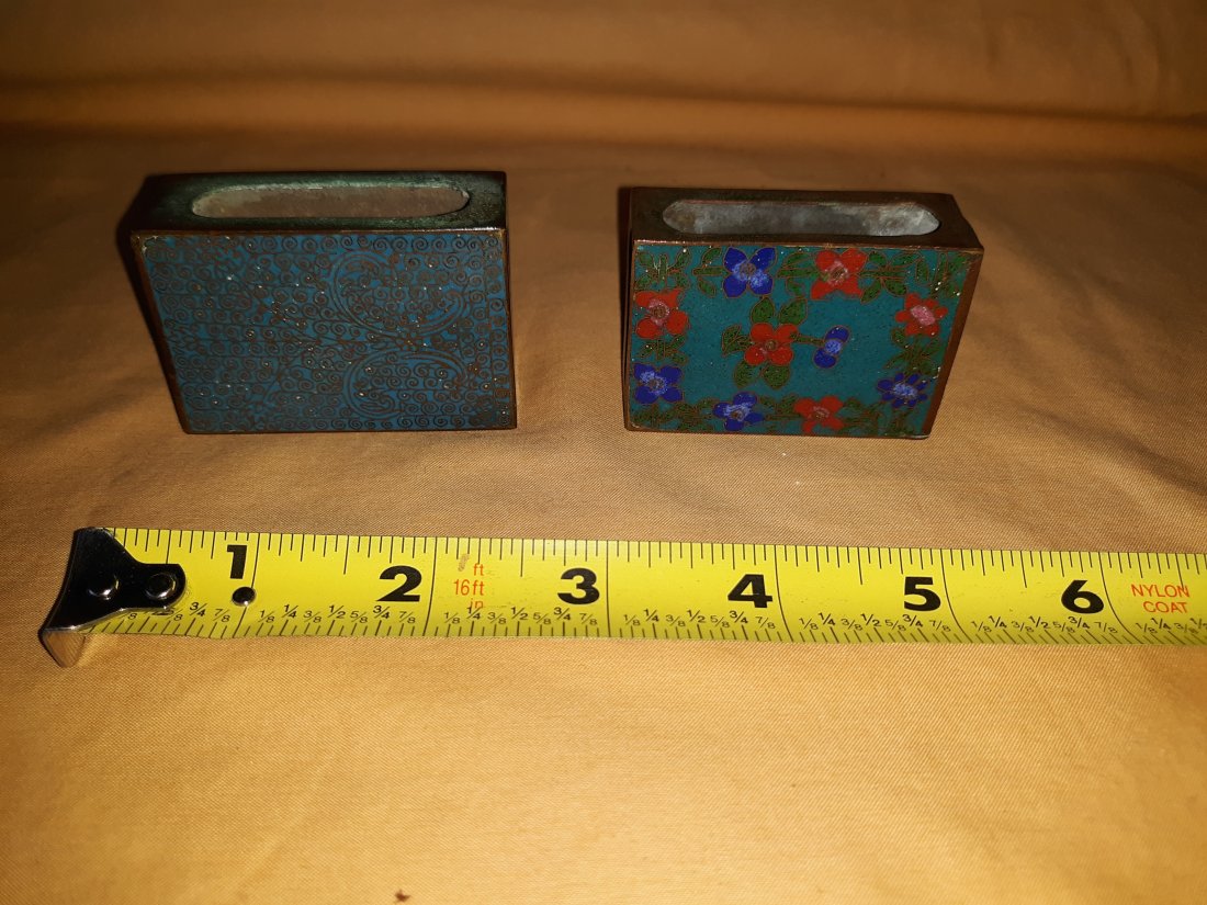 antique pair of cloisonne & copper matchbox covers: made to put in your box of matches in or for decorating both in very good pre owned conditon both for one one bid great patina but could be polished too? see pics