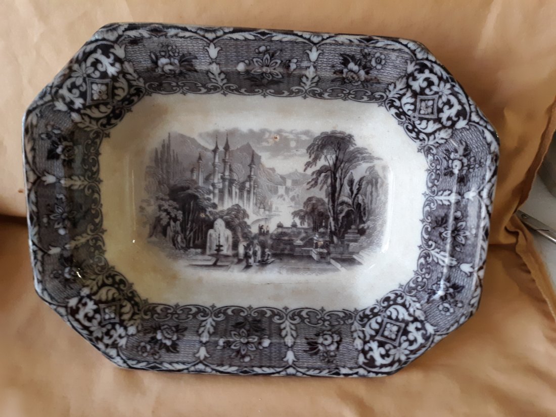 antique English ironstone peruvian wedgewood bowl: beautiful antique transfer bowl 11 1/2" x 8 5/8" with english registry marking no chips all over crazing expected for age see pics
