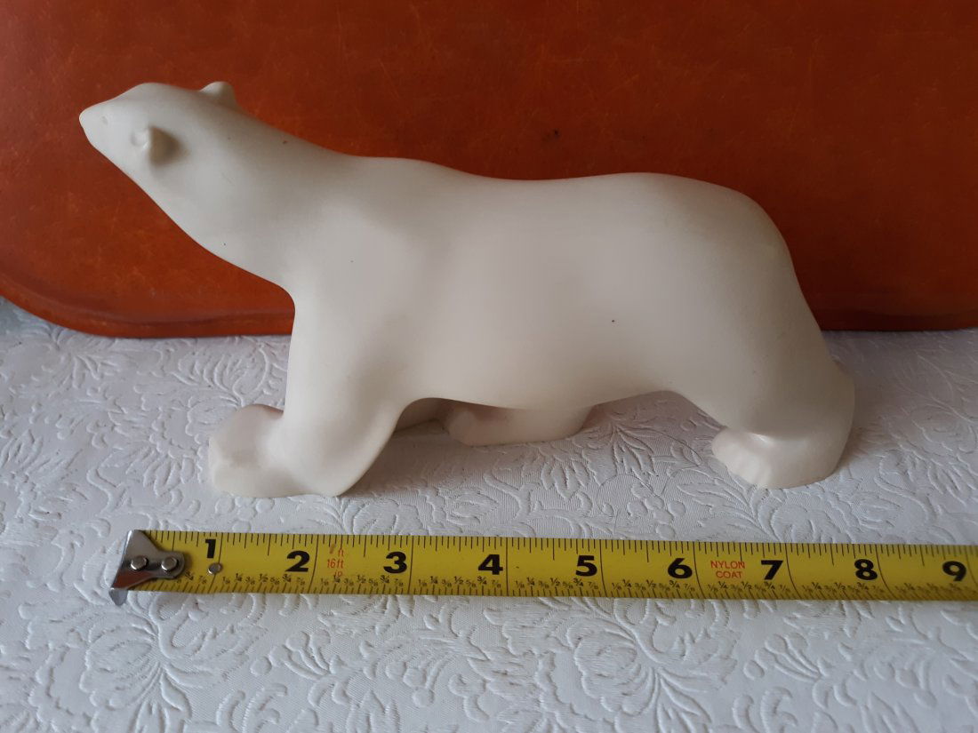 polar bear sculpture by francois pompon: cast resin polar bear sculpture by froncois pompon circa 1980''s tis is a miniature reproduction of the original 4 3/4" tall 9" long 1 foot has chip see pics
