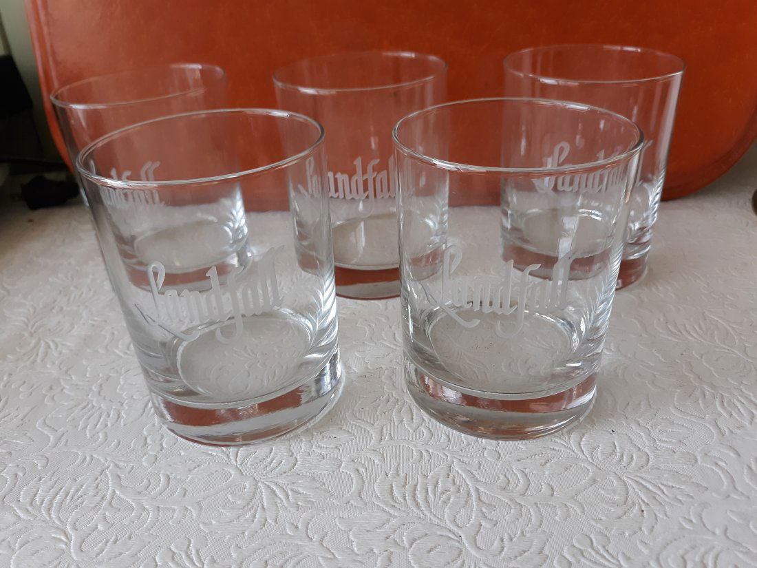 old fashioned landfall bar glasses lot of 5 4 1/4" nice wheel cut!: old fashioned landfall bar glasses lot of 5 4 1/4" nice wheel cut! beautiful script wheel cut old fashioned bar glasses with landfall on them no chips seepics