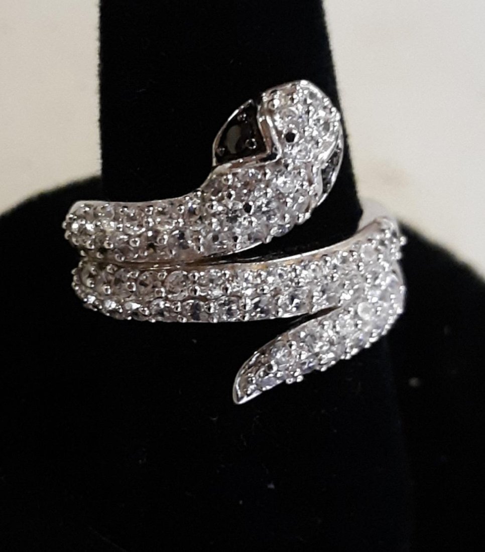 Sterling & CZ Snake Ring Sz 5 1/2 Jewelry: beautiful sterling ring with pave set CZ's and Black CZ's eyes beautiful! pre owned condition see pics