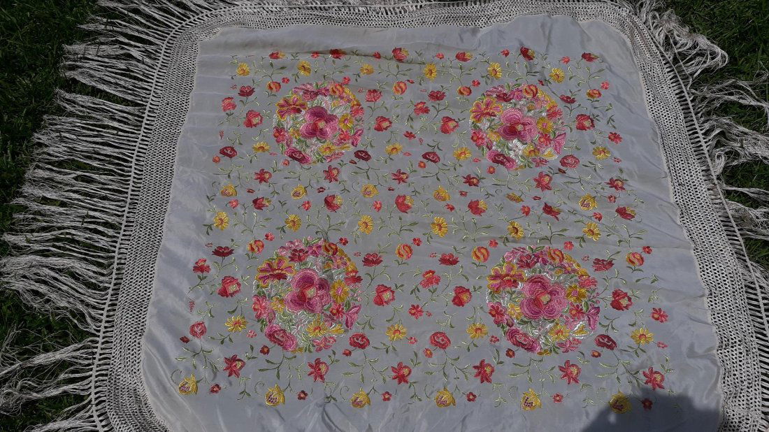 Antique 1920s? Pastel Floral Embroidered Piano Shawl with Fringe (1 of 3)