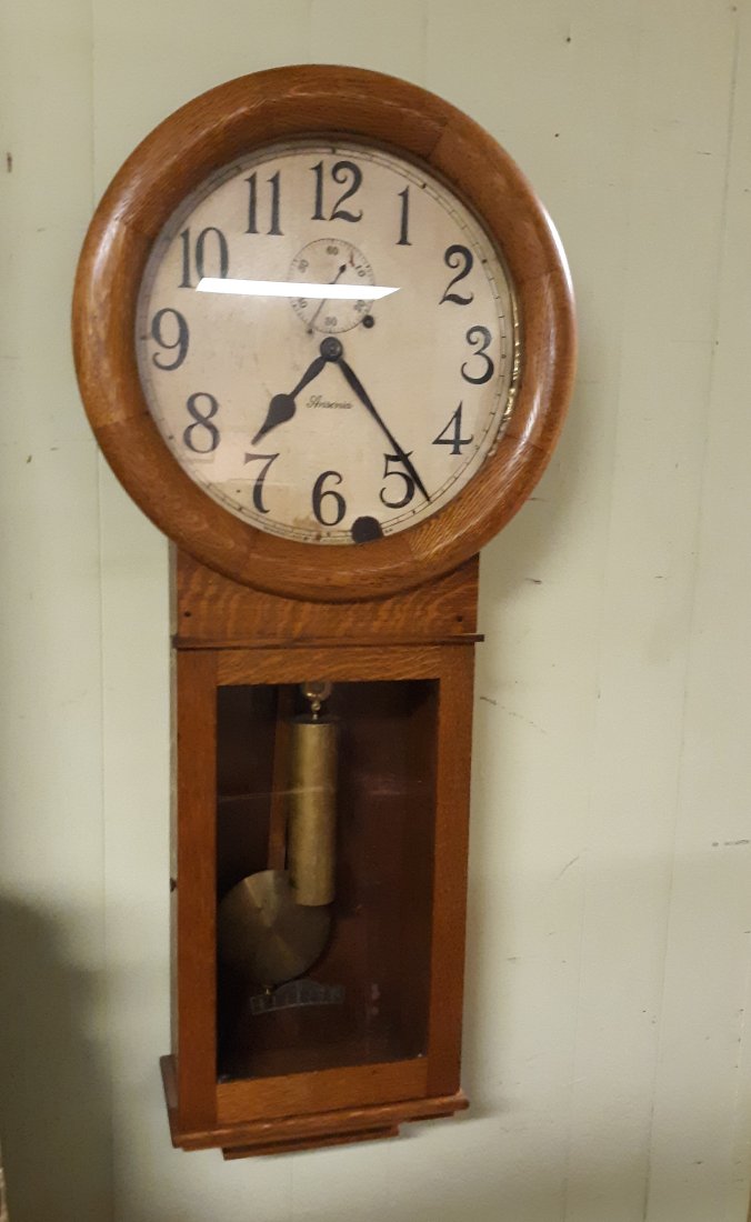 antique Ansonia tiger oak regulator wall clock weight driven (1 of 5)