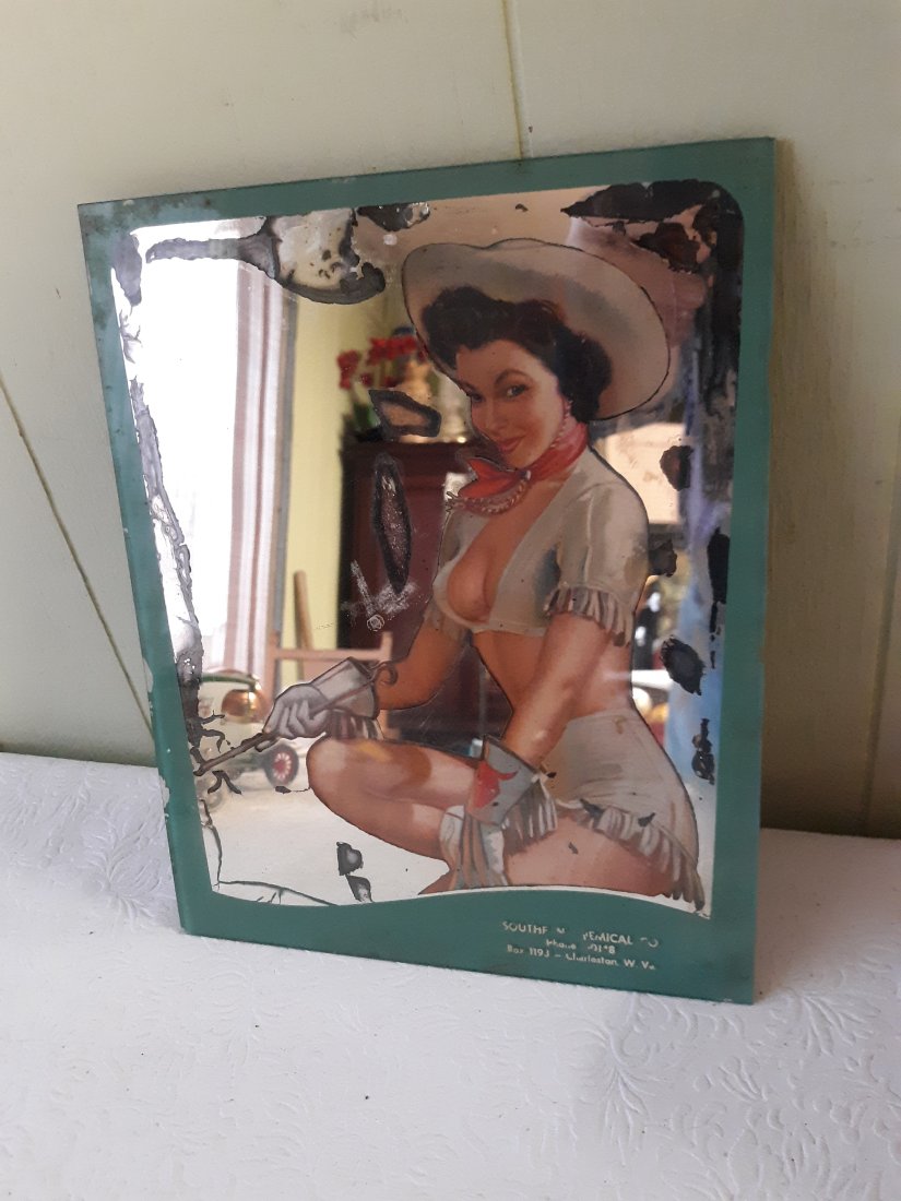 rare 1940's pin up girl cowgirl advertising mirror: from estate circ 40's 8" x 10" check out the pics
