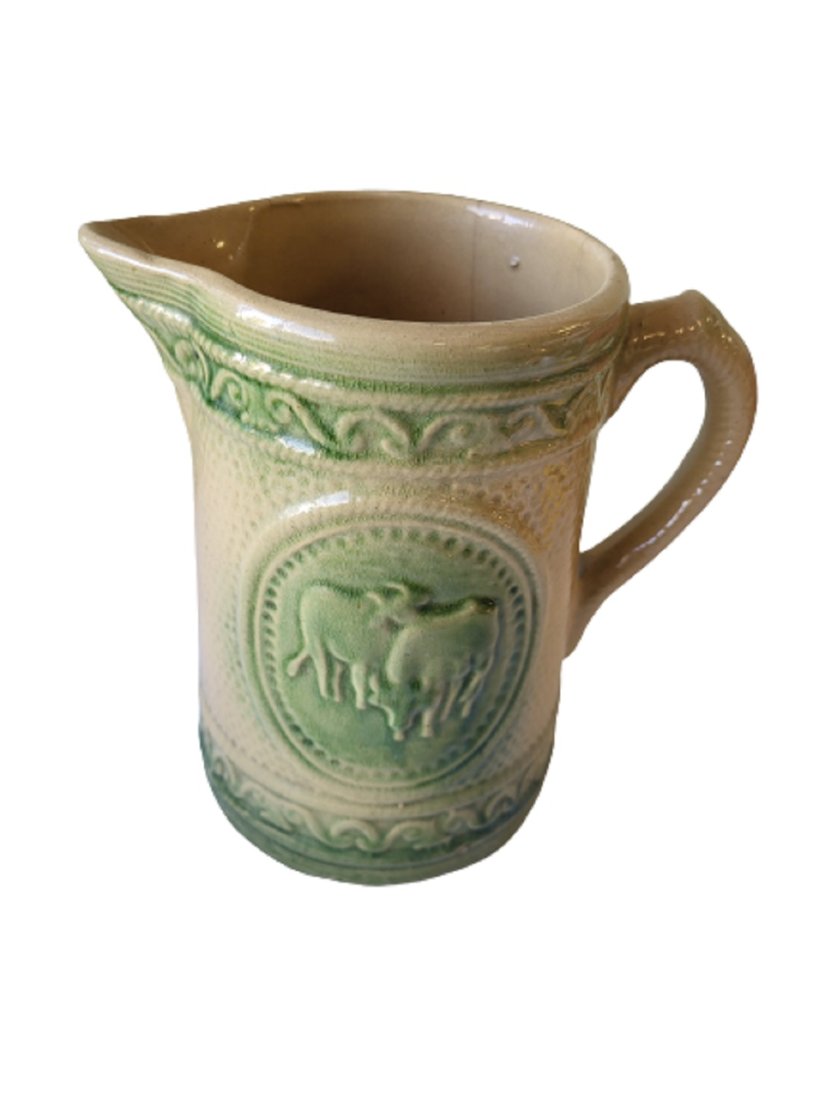 rare antique yellow ware green glaze cow pitcher creamer (1 of 3)