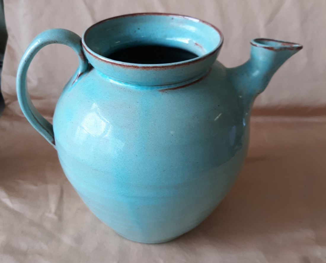 Vtg Pottery Pitcher Turquoise Blue Signed (1 of 4)