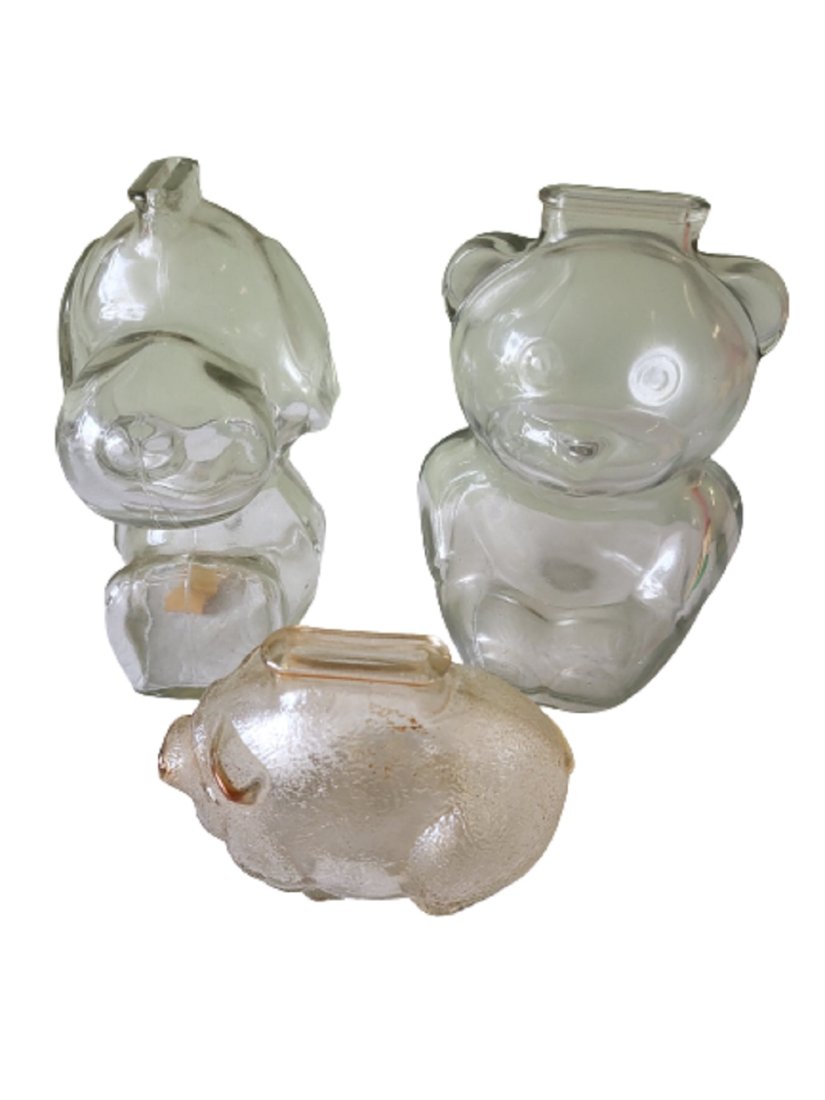 rare antique glass piggy banks snoopy 66,bear: 1966 glass 6" snoopy bank, 6" bear bank and 3" bank all glass no damage noted all 3 for one bid!