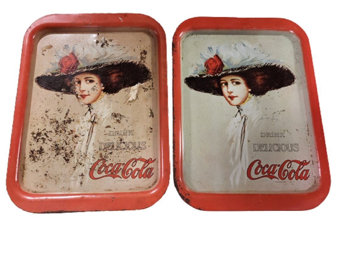 vtg tin litho coca cola trays lot of 2 gibson girl? (1 of 2)