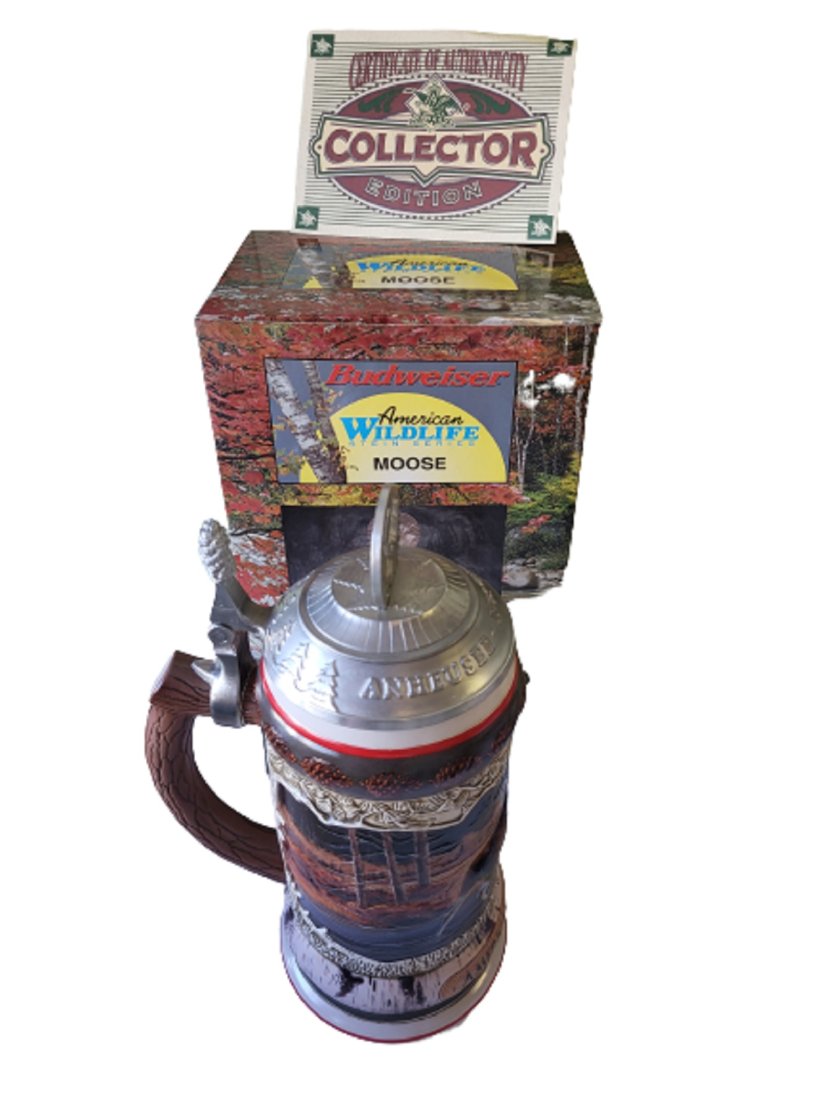 budweiser american wildlife moose beer stein: in orig box w/coa minty from estate see pics