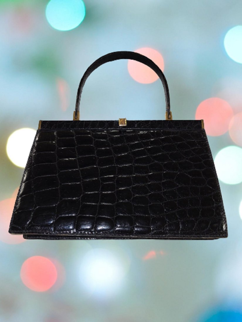vtg saks fifth ave? black alligator kelly bag france (1 of 2)