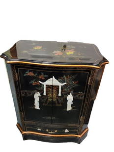 vtg oriental mother of pearl black lacquer cabinet: perfect for the hall entry or bedroom 32" tall 28" wide 18" deep light age expected wear one lower drawer and interior shelf, black lacquer with traditional mother of pearl figures and hand painted