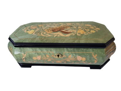 large Italian vintage inlaid jewelry box rouge musical: large Italian vintage inlaid jewelry box rouge musical gorgeous pre owned condition plays come back to sorrentino removable top and tray and lower felt reveals music box 4 1/2" x 4 1/2" x 8 1/2" see