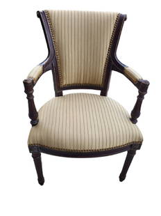 vtg french louis XVI style salon occasional arm chair: fine quality french louis XVI style salon arm chair with gold chenille striped material and bronze nail head accents 36" to top of back 18" seat 23" wide see pics