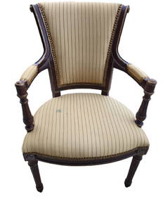 vtg french louis XVI style salon occasional chair: fine quality french louis XVI style salon armchair with gold striped chenille material and bronze nailhead accents, 36" to top of back 18" seat height 23" wide seat light stain on seat see pics