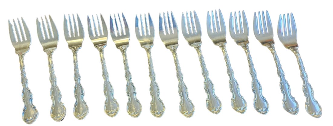 Gorham sterling silver Strasbourg sald forks 12pcs: lot of 12 no monograms 6 3/8" long beautiful pre owned condition 1 lb 1.3ounces or 492 grams