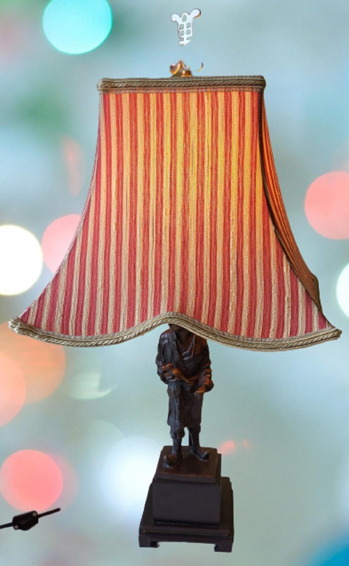 patinated chinese figural lamp w/striped shade 27" (1 of 2)