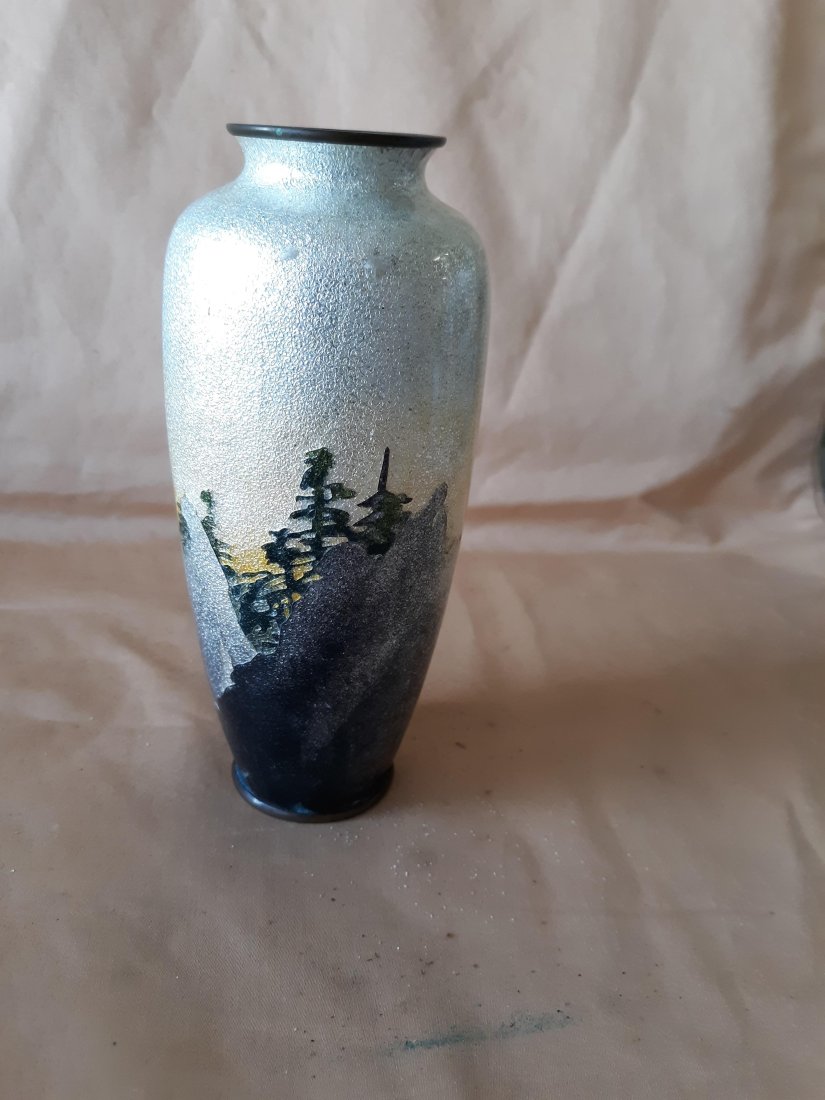 Moriage Cloisonne Enamel Vase Meiji Period signed Hattori Tadasaburo: rare and fine Hattori Tadasaburo signed wireless cloisonne enamel moriage vase depicting traditional Japanese temple, 6 1/8" tall see pics for conditon