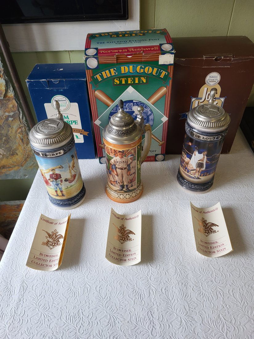 lot of 3 Budweiser collector steins the dugout, joe louis, J thorpe (1 of 2)