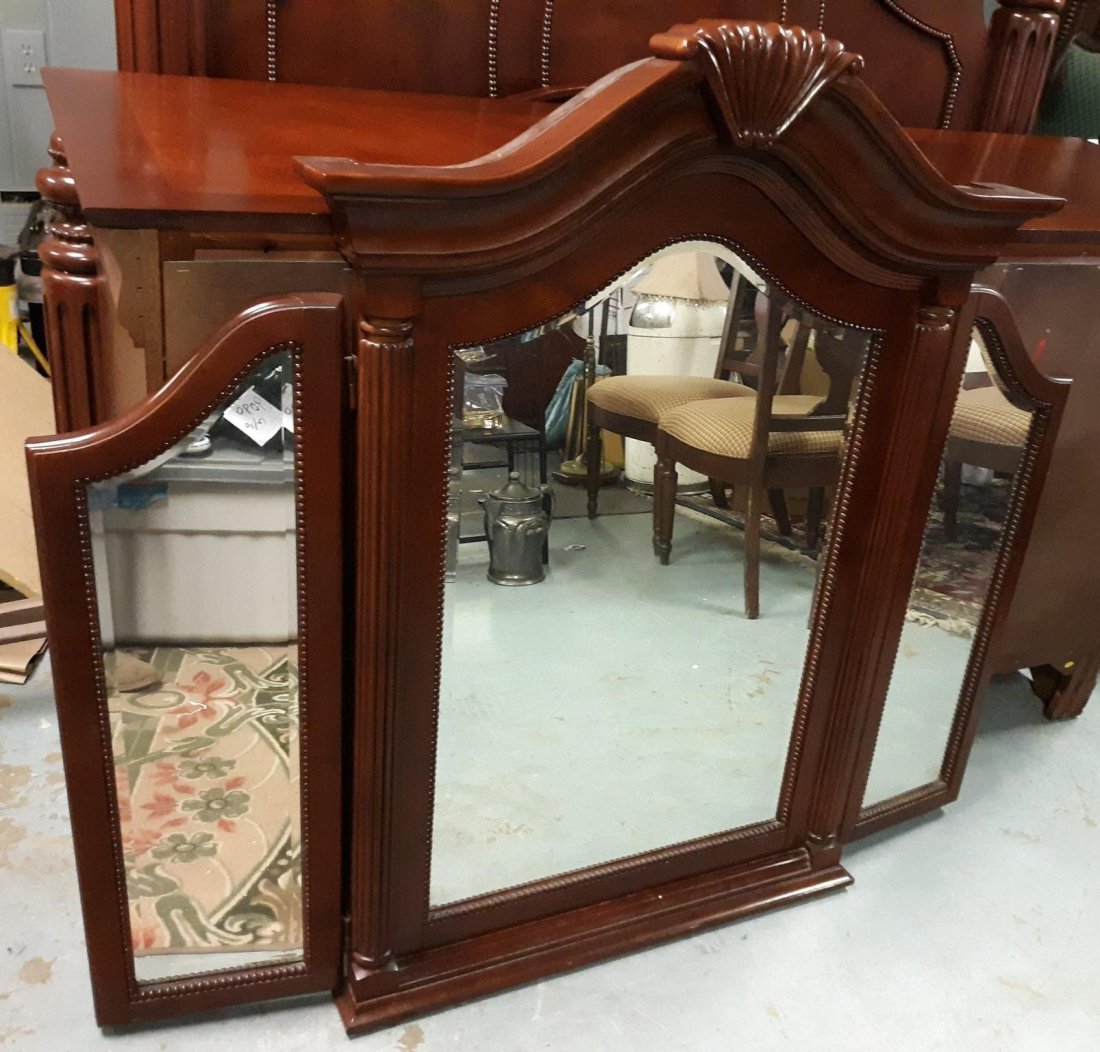 English Style Tri Fold Mirror Deep Cherry: elegant and luxurious trifold mirror in deep cherry very nice used condition 48" x 53" with wood mounting poles see pics