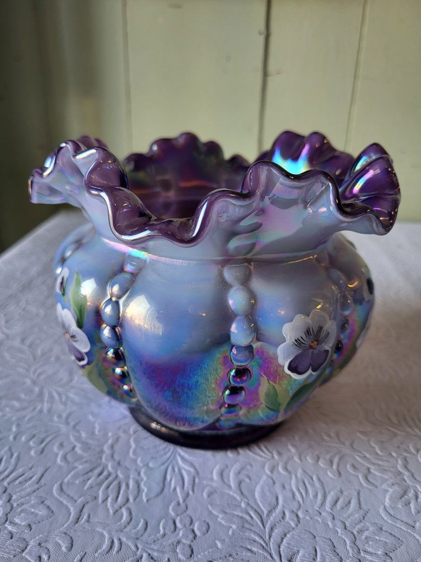rare fenton amethyst beaded melon vase pansies signed (1 of 3)
