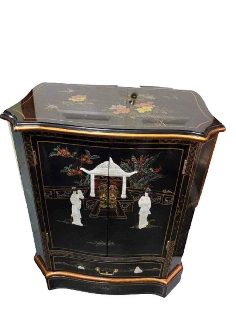 Vtg Oriental Mother Of Pearl Black Lacquer Cabinet (1 of 3)