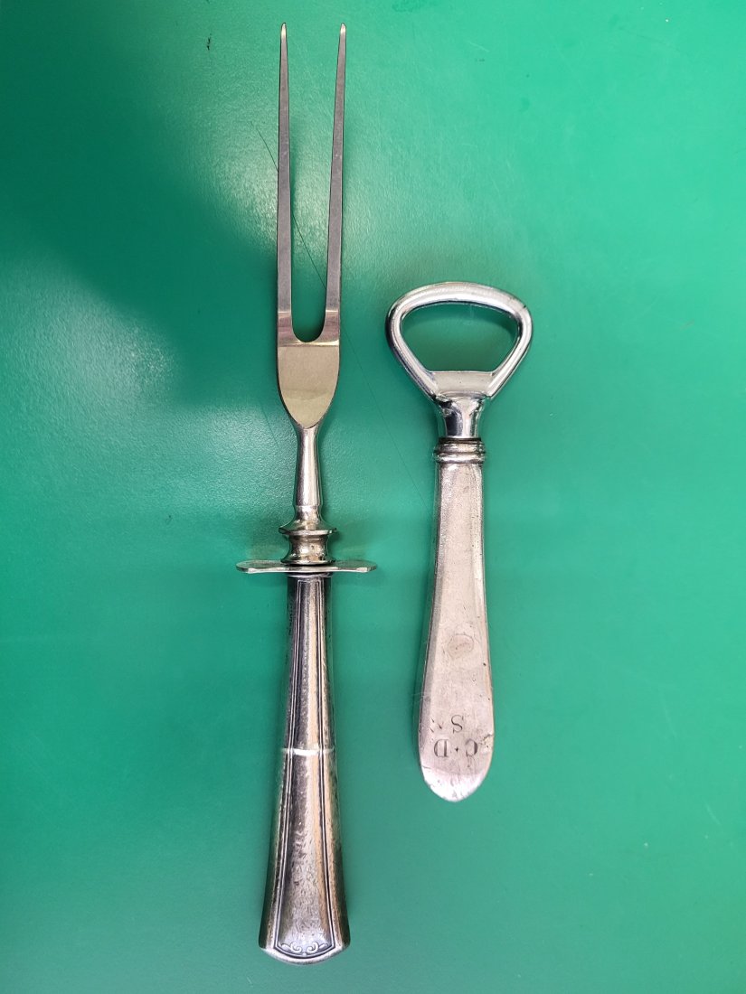 Stieff Sterling Silver Bottle Opener & meat fork: steiff sterling silver bottle opener has monogram and dent , and the sterling silver meat fork has damage see pics both for one bid