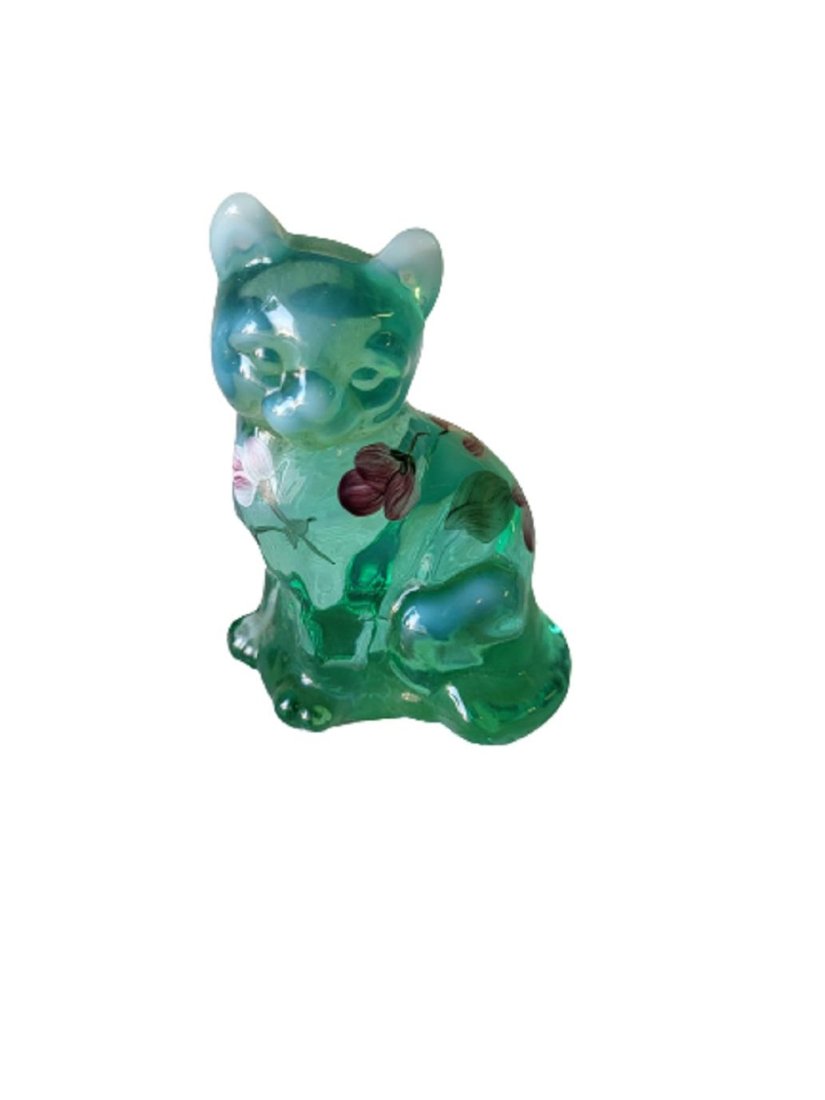 Fenton Green Opal Sitting Cat Art Glass: hand painted signed with orig label no damage seepics