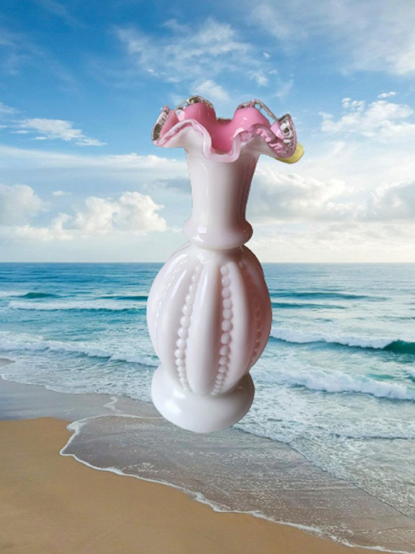 rare fenton beaded melon peach crest vase 9" (1 of 3)