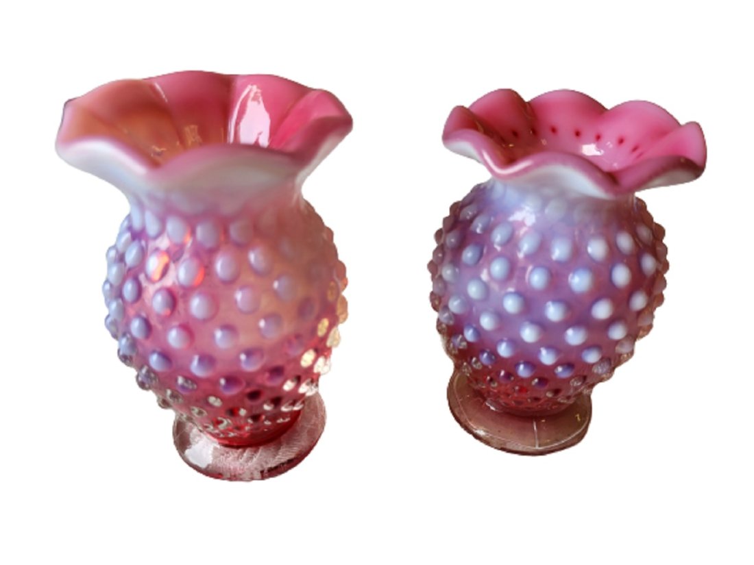 antique fenton cranberry opalescent hobnail pair cabinet vases (1 of 3)
