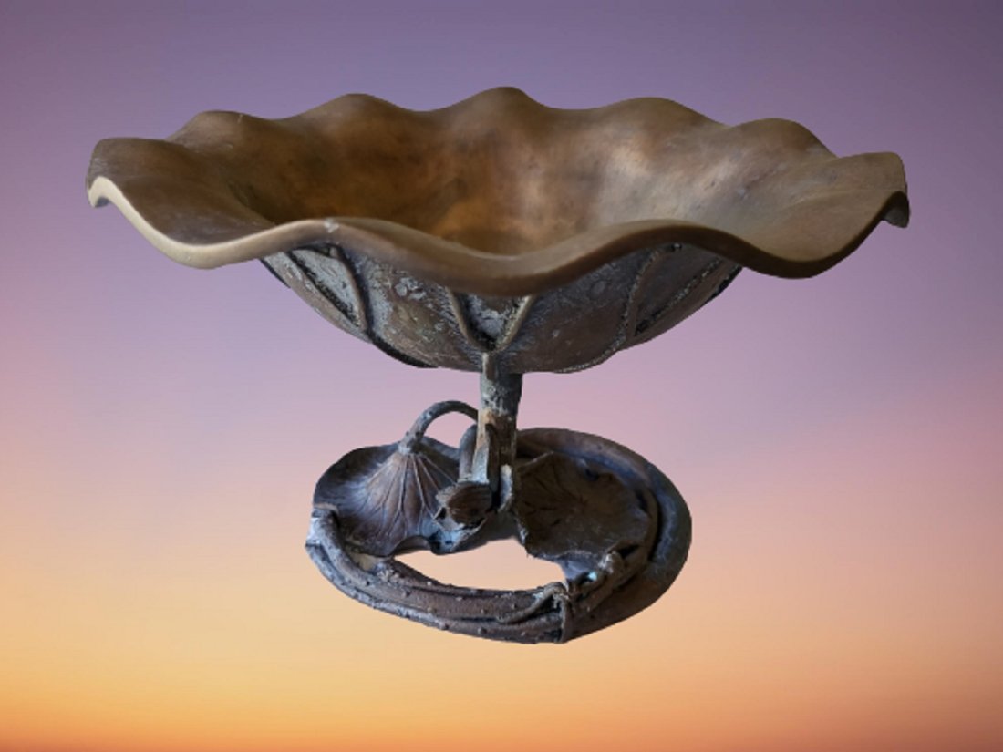 Japanese Bronze meiji period lily pad lotus blossom bowl: also called ikebana bowl, this is artist signed 6" tall 9 1/2" wide meiji period 1868-1912 see pics