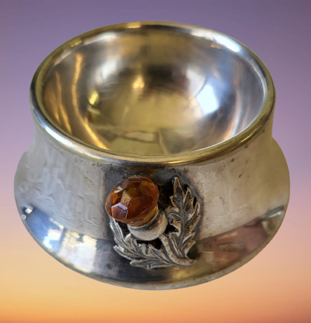 Victorian jeweled salt cellar silver or plate?: gorgeous salt cellar could be use on a dresser for rings 1 3/8" tall 3" wide base unmarked not magnetic poss sterling? see pics