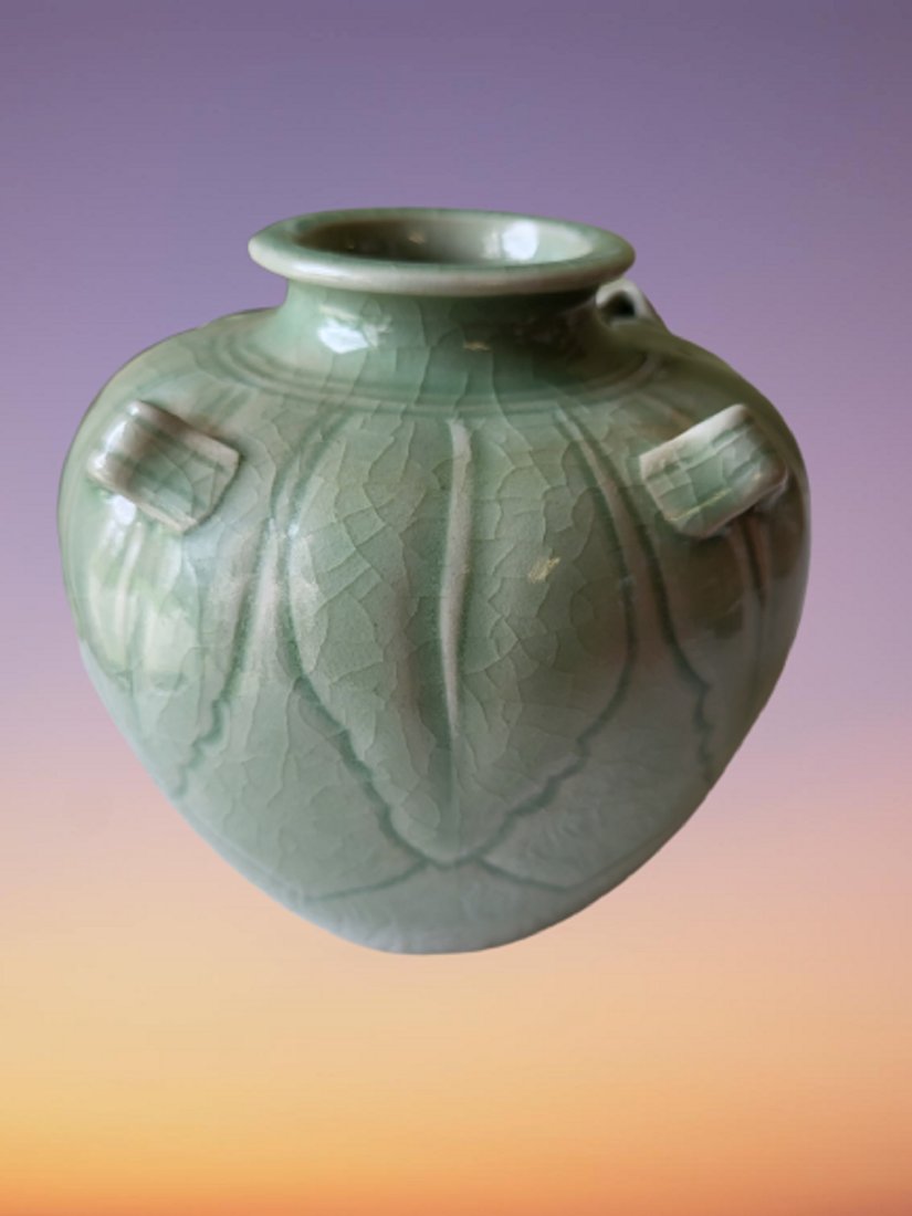 antique celadon green squat vase 5": from estate collection beautiful color & squat design crazing noted 4 3/4" tall 5" wide seepics