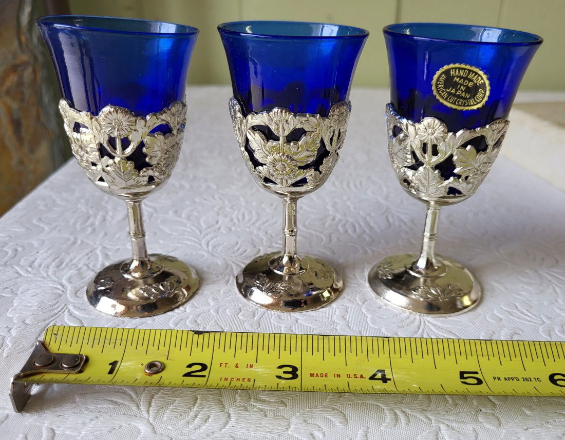 N.O.S American cut crystal cobalt & silver cordials set of 3 (1 of 3)