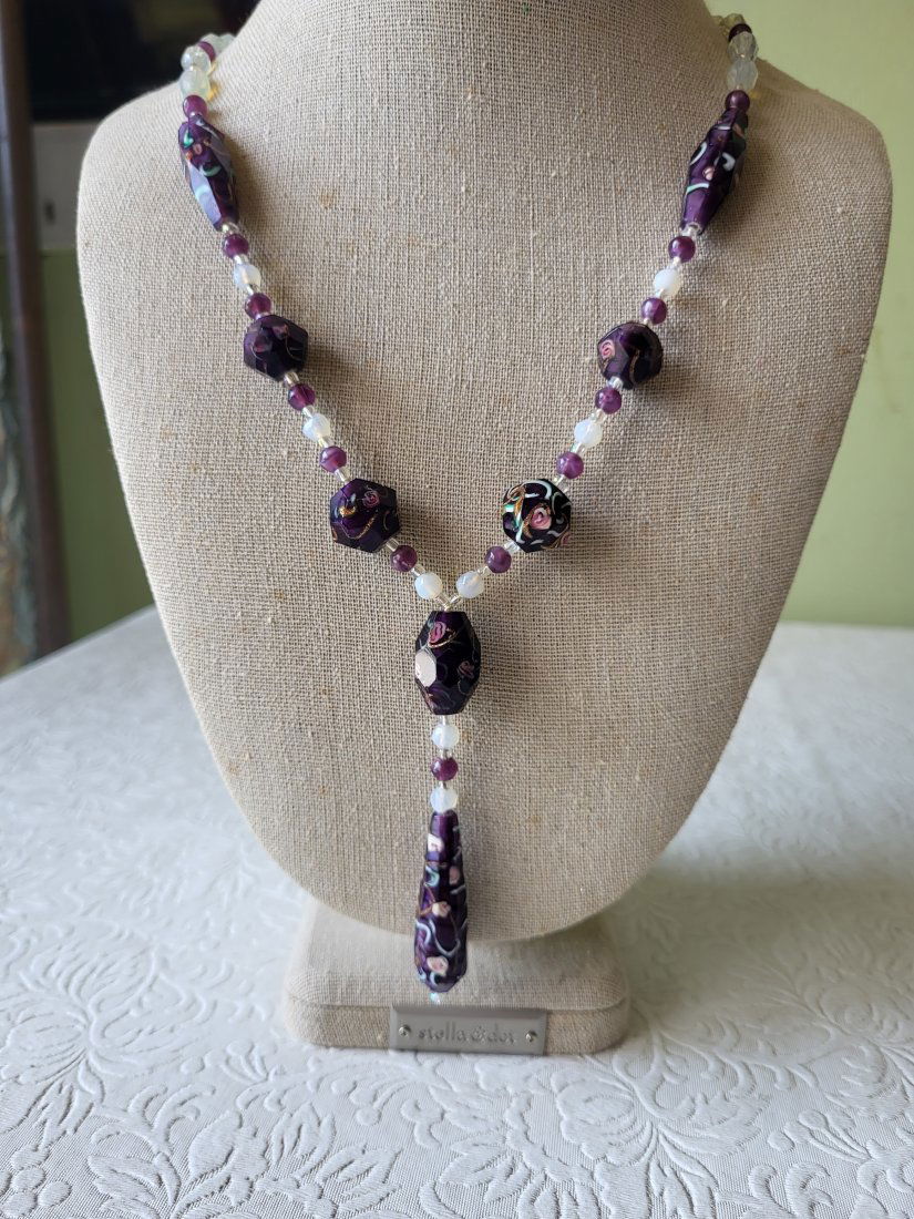14K amethyst & moonstone necklace swarovski? w/earrings: has matching pierced earrings 14k 1/20th GF also necklace has diochoric glass canes and moonstone and amethyst 28" some chips noted on glass but gorgeous see pics
