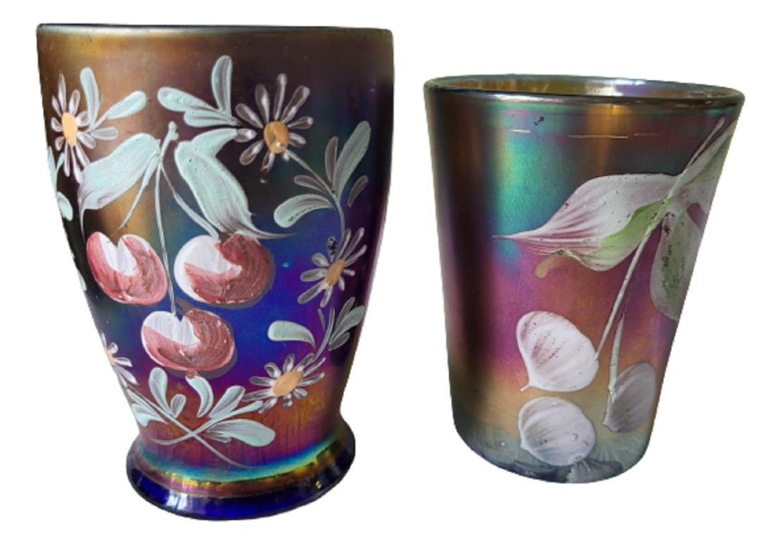 Carnival Glass Tumblers Cobalt Lot Of 2: hand decorated late 1800's early 1900's 4" tall& 4 1/4" chip on base of one both for one bid see pic