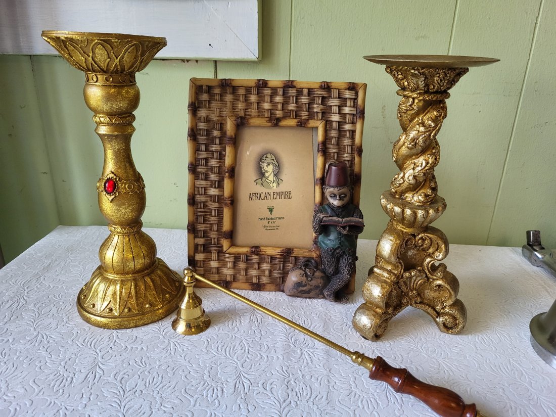 Decorator lot of 5 candle snuffer, picture frame w/monkey and 2 gold candle holders: Decorator lot of 5 candle snuffer, picture frame w/monkey and 2 gold candle holders all 5 for one bid all look in good conditon see pics