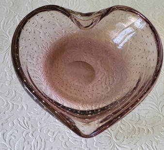 rare murano heart controlled bubble dish 6": likely alfredo barbini light amethyst no chips or repairs 6" long seepics