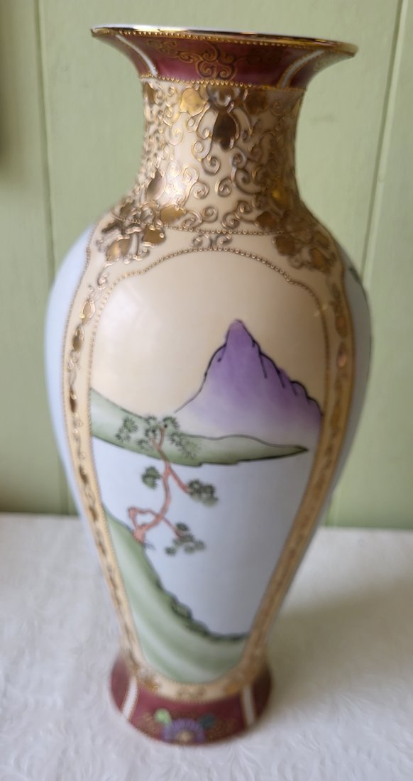 vtg nippon porcelain vase hand painted 12 1/4": beautiful estate vase 12 1/4" tall hand decorated no repairs noted see pics