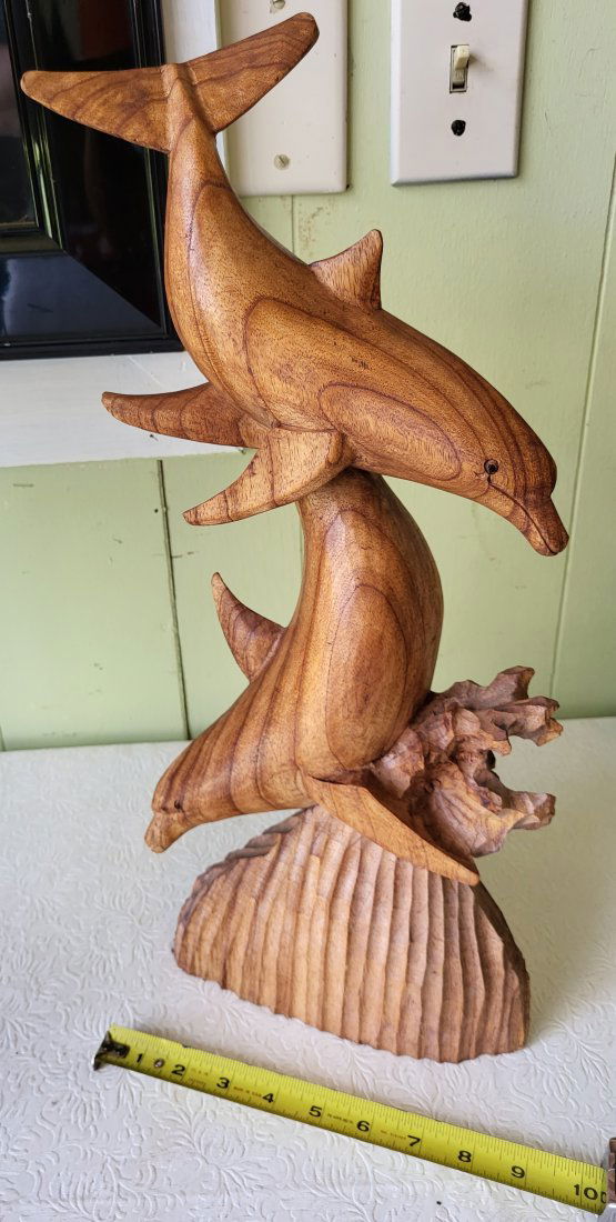 romantic dolphins teak sculpture 20" beauty (1 of 2)