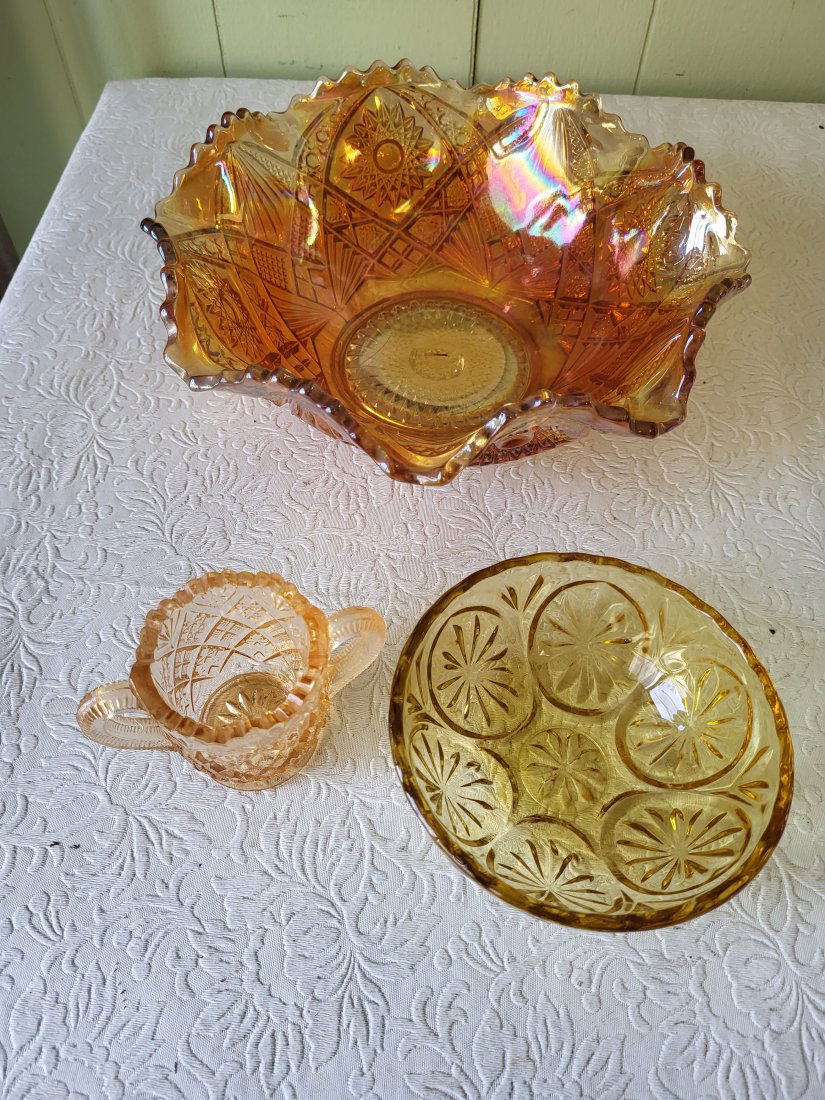 carnival glass lot of 3 hobstar & rare toothpick holder too!: beautiful double handle tooth pick holder and hobstar bowl and smaller amber bowl all 3 for one bid seepics