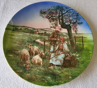 antique villeroy & boch Mettlach wall plate charger 12" 19C: beautiful 1900's plate charger 12" wide age ex crazing scene in germany with sheep seepics