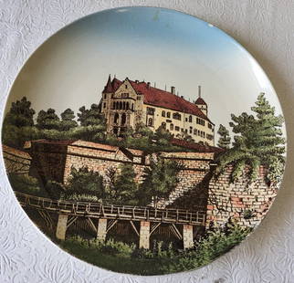 antique villeroy & Boch Mettlach Wall plate 12" 19C charger: nunenberg schlofs dated dec 128 has a couple hairlines and crazing displays gorgeous 12 1/4" 19C