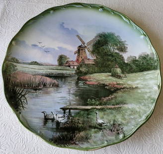 antique villeroy & Boch Mettlach Wall plate 12" 19C charger: rare early fancy edge wall charge plate 12 1/2" wide windmill & lake scene age expected crazing JUST GORGEOUS! see pics